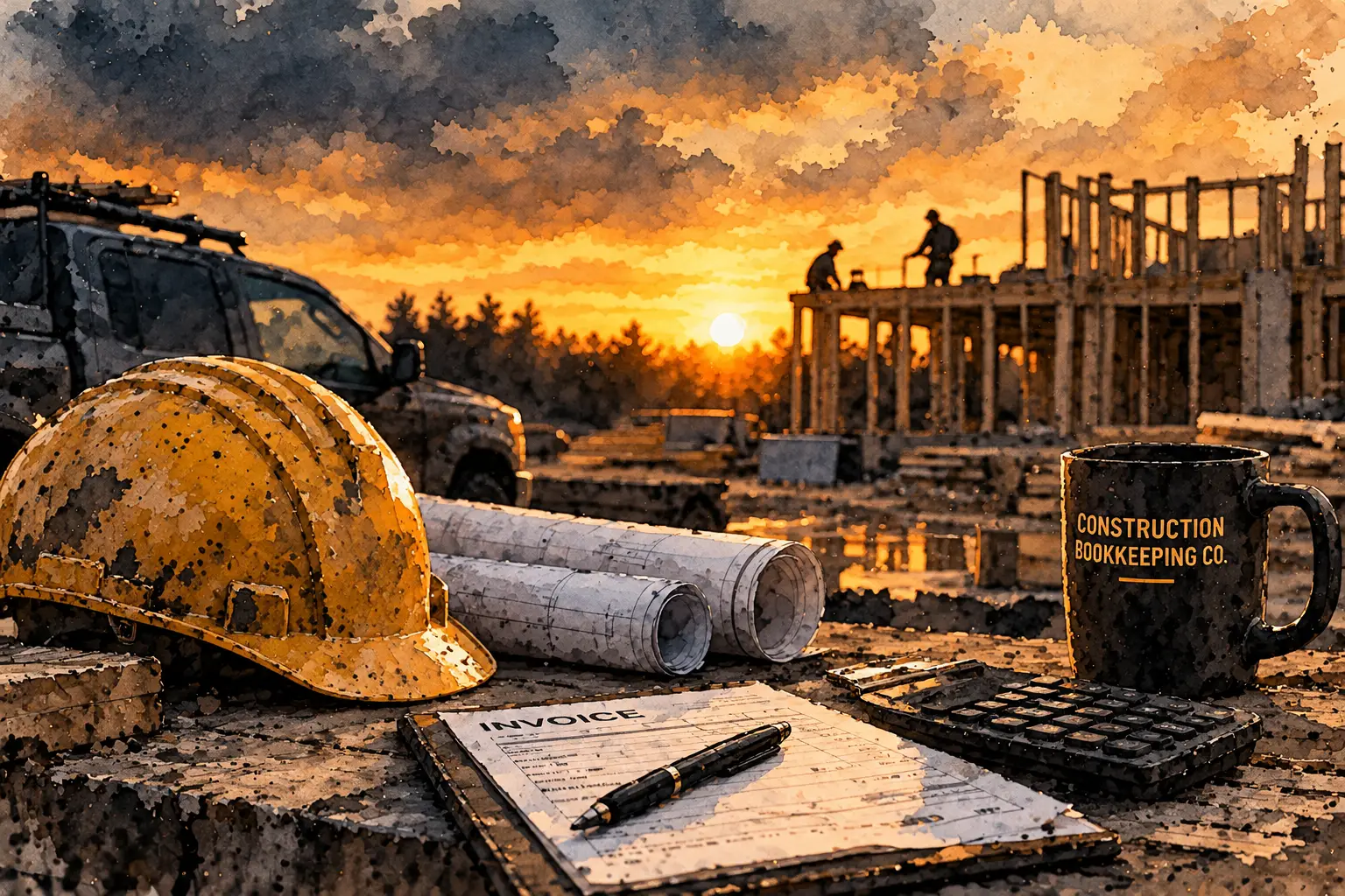 Illustration: a hard hat, rolled plans, an invoice and a Construction Bookkeeping Co. mug on a job site at sunset